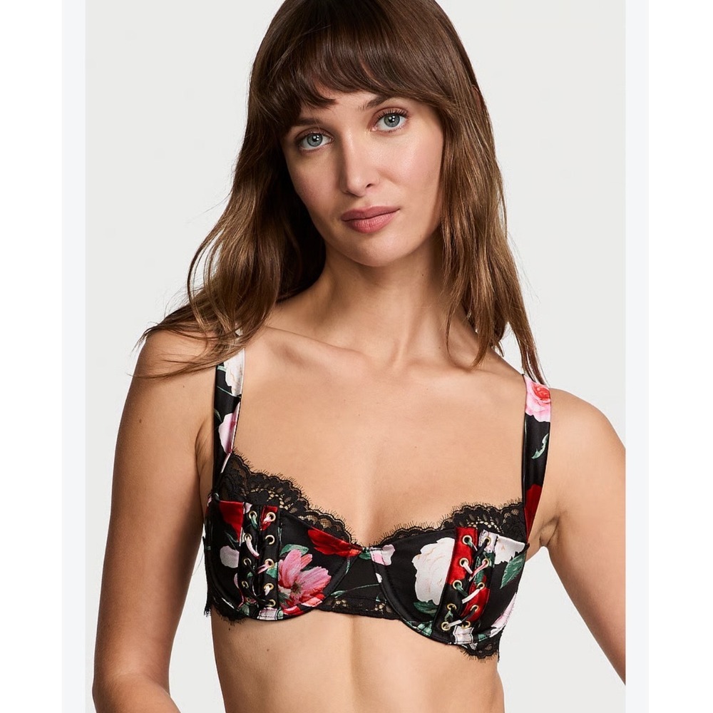 NEW Victoria's Secret Atelier Satin Lace Trim Lightly Lined Floral Bra 36DDD
